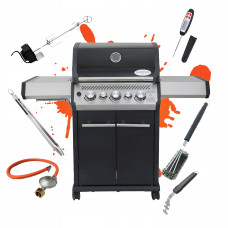 Grill gazowy S-318 Czarny, z palnikiem rożna i kuchenką boczną, całkowicie czarny, z rożnem SANTOS 900273